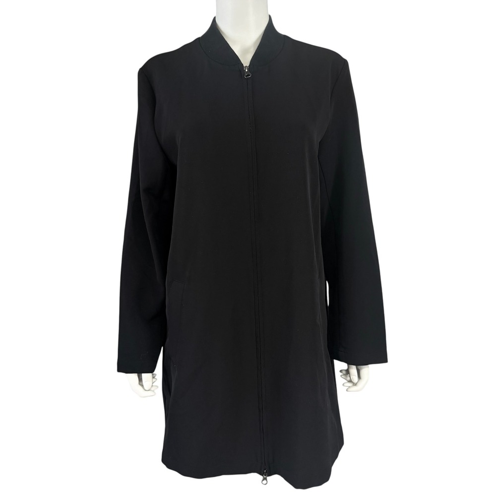 Eileen Fisher Black Recycled Polyester Longline Bomber Jacket Coat Medium F19LXJ